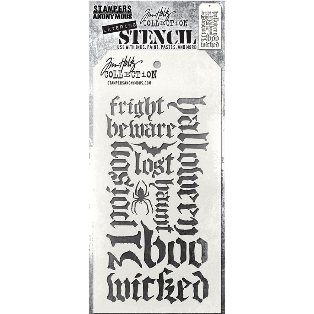 Halloween Script - Layering Stencil by Tim Holtz and Stampers Anonymous ... mixed media and visual arts masks for adding patterns and layers using your favourite mediums. One stencil with a design of October themed words in an olde English style typeface, perfect for Halloween creativity. Overall stencil is 4" x 8 1/2". THS063.
Add spooky words with impact using text styled in an olde worlde style typeface in a variety of sizes and in different directions - with a flying bag and hanging spider.