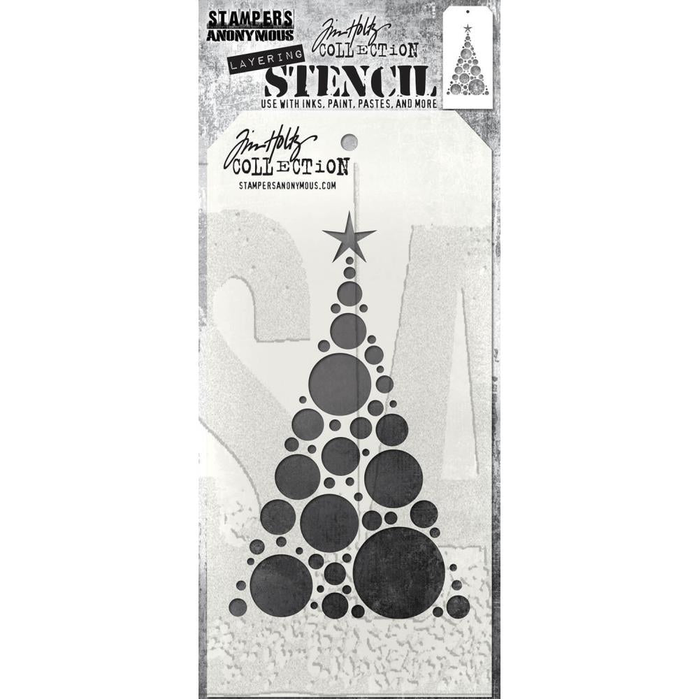 Modern Tree - Layering Stencil by Tim Holtz and Stampers Anonymous ... mixed media and visual arts masks for adding patterns and layers to creative makes using your favourite paints and mediums. Overall stencil is 4" x 8 1/2". THS187. 
This versatile Tim Holtz layering stencil features a wonderful tree that is stylish and cool. It is grown out of spots, dots and circles in various sizes gathered together into a triangle tree shape with a 5-pointed star on top.