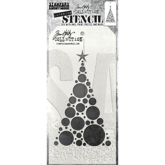 Modern Tree - Layering Stencil by Tim Holtz and Stampers Anonymous ... mixed media and visual arts masks for adding patterns and layers to creative makes using your favourite paints and mediums. Overall stencil is 4" x 8 1/2". THS187. 
This versatile Tim Holtz layering stencil features a wonderful tree that is stylish and cool. It is grown out of spots, dots and circles in various sizes gathered together into a triangle tree shape with a 5-pointed star on top.