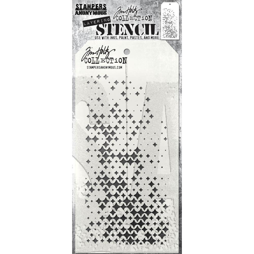 Sparkle Fade - Layering Stencil by Tim Holtz and Stampers Anonymous ... mixed media and visual arts masks for adding patterns and layers to creative makes using your favourite paints and mediums. Overall stencil is 4" x 8 1/2". THS188. 
This versatile Tim Holtz layering stencil has magical starry speckly diamond shapes that vary in size from small to teeny tiny, over the whole area of the stencil.