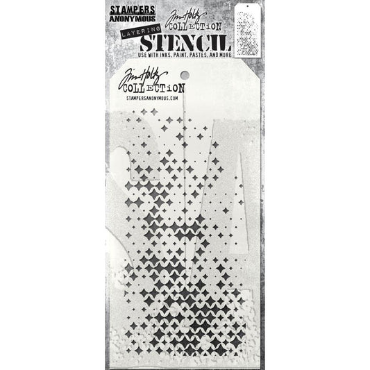 Sparkle Fade - Layering Stencil by Tim Holtz and Stampers Anonymous ... mixed media and visual arts masks for adding patterns and layers to creative makes using your favourite paints and mediums. Overall stencil is 4" x 8 1/2". THS188. 
This versatile Tim Holtz layering stencil has magical starry speckly diamond shapes that vary in size from small to teeny tiny, over the whole area of the stencil.