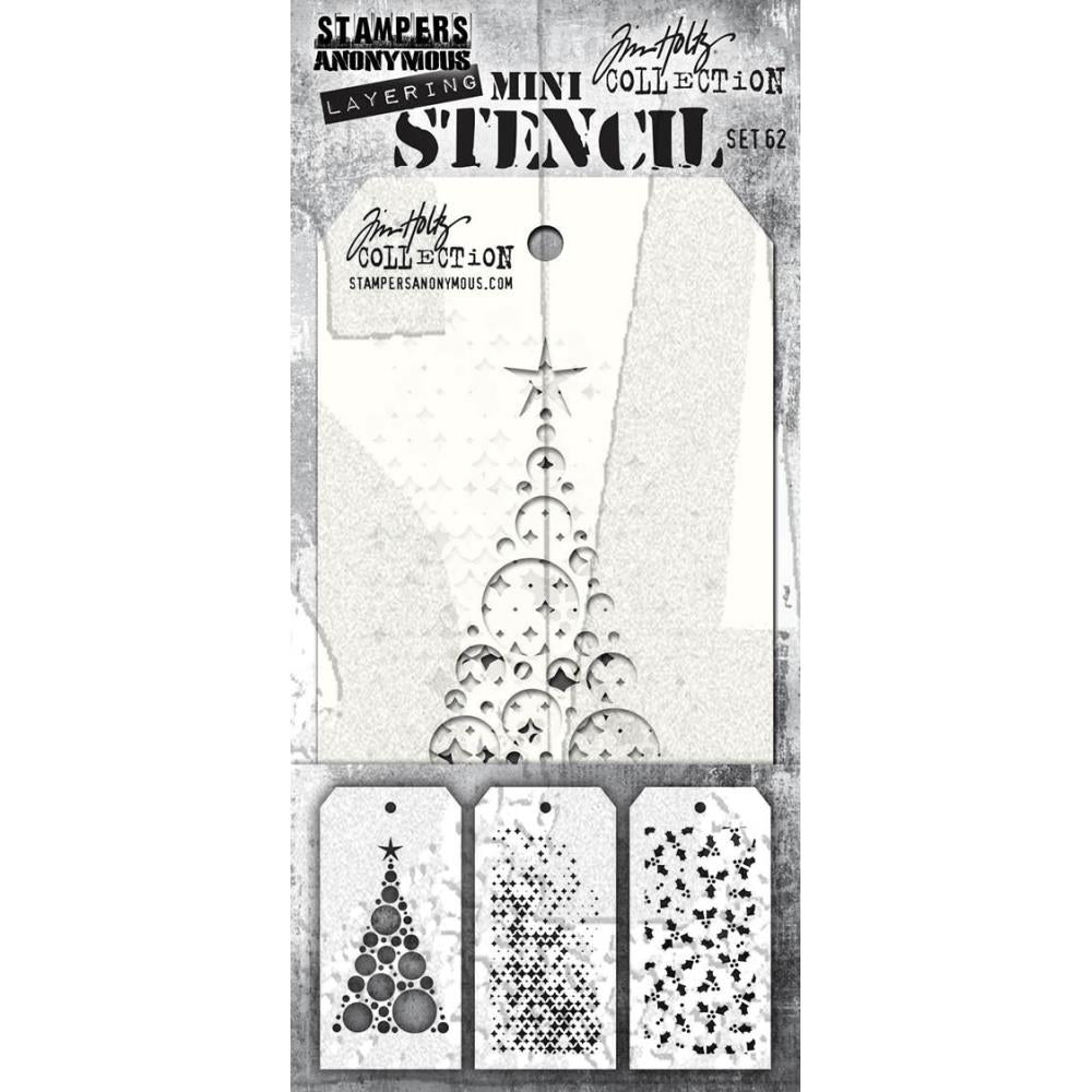 Set 62 - Mini Layering Stencils by Tim Holtz and Stampers Anonymous ... 3 (three) designs (one of each) : Modern Tree, Sparkle Fade, Tiny Holly - Use to create patterns and textures to all kinds of mixed media, visual arts and paper crafts. Overall tag size is 8cm x 16cm (THMS062).
Modern Tree is a stylish triangular tree made of circles and a star.
- Sparkle Fade ... such pretties, sparkly diamonds from small to tiny.
- Tiny Holly ... more pretties, tiny sprigs of holly and berries.