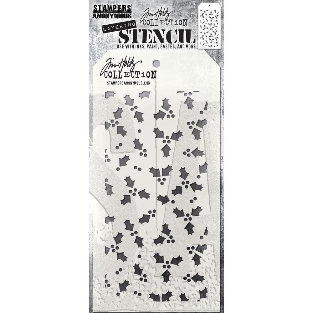 Tiny Holly - Layering Stencil by Tim Holtz and Stampers Anonymous ... mixed media and visual arts masks for adding patterns and layers to creative makes using your favourite paints and mediums. Overall stencil is 4" x 8 1/2". THS189. This versatile Tim Holtz layering stencil is covered in beautiful sprigs of teeny tiny holly leaves and berries scattered over the whole area.