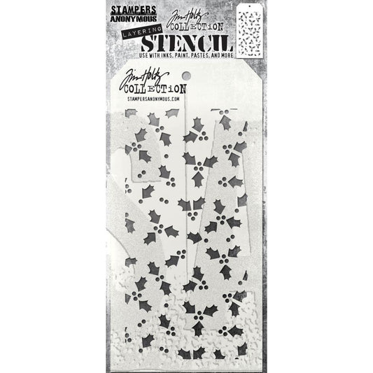 Tiny Holly - Layering Stencil by Tim Holtz and Stampers Anonymous ... mixed media and visual arts masks for adding patterns and layers to creative makes using your favourite paints and mediums. Overall stencil is 4" x 8 1/2". THS189. This versatile Tim Holtz layering stencil is covered in beautiful sprigs of teeny tiny holly leaves and berries scattered over the whole area.