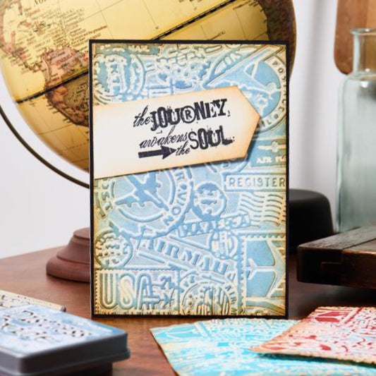 Airmail - Texture Fades Embossing Folder ... by Tim Holtz and Sizzix (no.666869). Inspired by vintage postmarks, stamps, labels and stamped imagery from letters around the world, this easy to use embossing folder creates a beautiful vintage look and feel with paper, vellum and cardstock. The detailed design and linework create amazing dimensional texture, ideal for all kinds of papercrafts, pockets, junk journals, scrapbook pages, card backgrounds, anything you wish to make! Image of ideas in cardmaking.