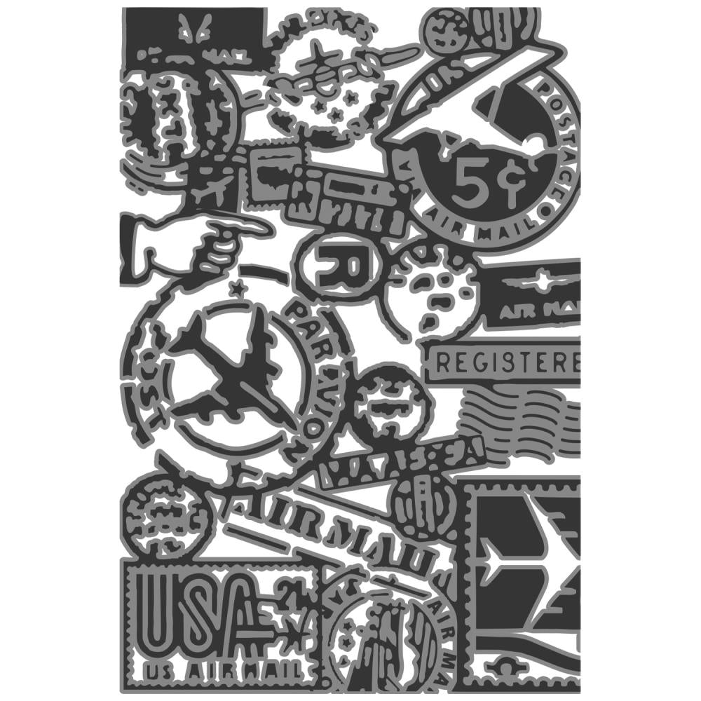 Airmail - Texture Fades Embossing Folder ... by Tim Holtz and Sizzix (no.666869). Inspired by vintage postmarks, stamps, labels and stamped imagery from letters around the world, this easy to use embossing folder creates a beautiful vintage look and feel with paper, vellum and cardstock. The detailed design and linework create amazing dimensional texture, ideal for all kinds of papercrafts, pockets, junk journals, scrapbook pages, card backgrounds, anything you wish to make! Image of the pattern.