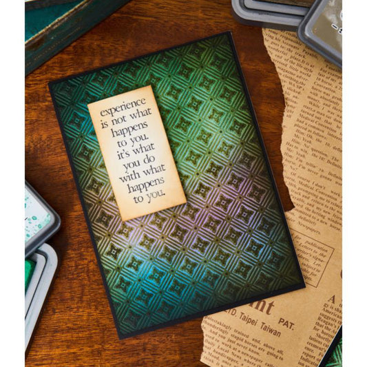 Diamonds - Texture Fades Embossing Folder ... by Tim Holtz and Sizzix (no.666867). Inspired by beautiful nostalgic patterns, this easy to use embossing folder creates a beautiful diamond pattern with paper, vellum and cardstock. The detailed design and linework create amazing dimensional texture, ideal for all kinds of papercrafts, pockets, junk journals, scrapbook pages, card backgrounds, anything you wish to make! Image of a greeting card.