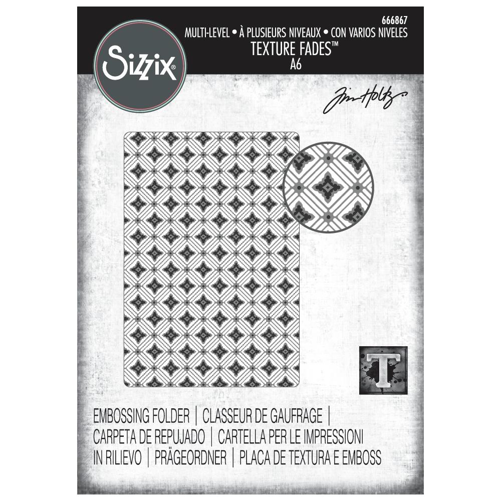 Diamonds - Texture Fades Embossing Folder ... by Tim Holtz and Sizzix (no.666867). Inspired by beautiful nostalgic patterns, this easy to use embossing folder creates a beautiful diamond pattern with paper, vellum and cardstock. The detailed design and linework create amazing dimensional texture, ideal for all kinds of papercrafts, pockets, junk journals, scrapbook pages, card backgrounds, anything you wish to make! Image of the cover.