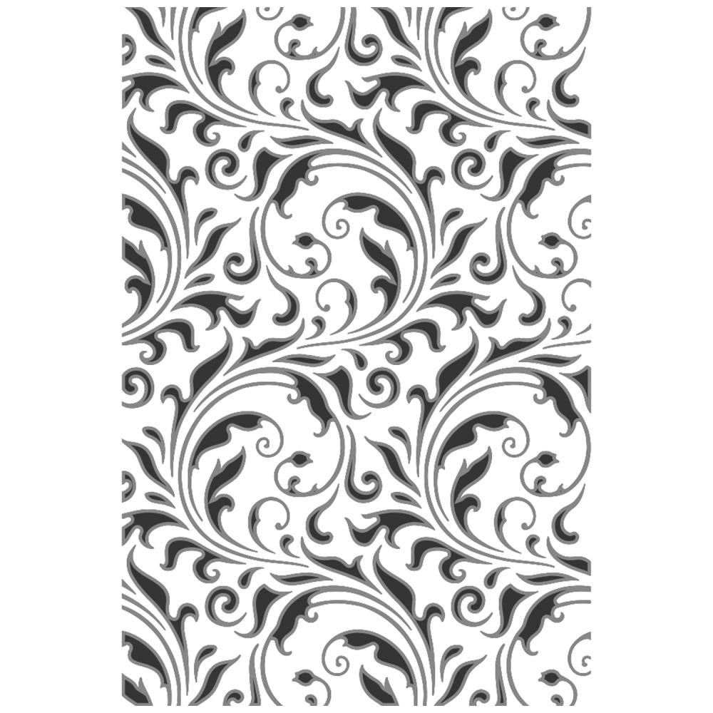 Flourish - Texture Fades Embossing Folder ... by Tim Holtz and Sizzix (no.666868).
Inspired by beautiful nostalgic patterns, this easy to use embossing folder creates a wonderfully flowing flourish pattern with paper, vellum and cardstock. The detailed design and linework create amazing multi layered dimensional texture, ideal for all kinds of papercrafts, pockets, junk journals, scrapbook pages, card backgrounds, anything you wish to make! Image of the pattern.
