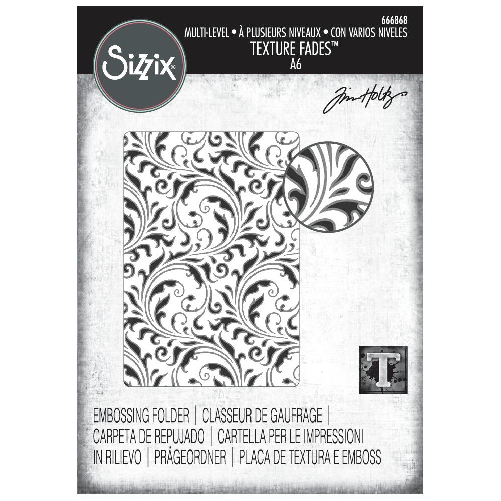 Flourish - Texture Fades Embossing Folder ... by Tim Holtz and Sizzix (no.666868). Inspired by beautiful nostalgic patterns, this easy to use embossing folder creates a wonderfully flowing flourish pattern with paper, vellum and cardstock. The detailed design and linework create amazing multi layered dimensional texture, ideal for all kinds of papercrafts, pockets, junk journals, scrapbook pages, card backgrounds, anything you wish to make!