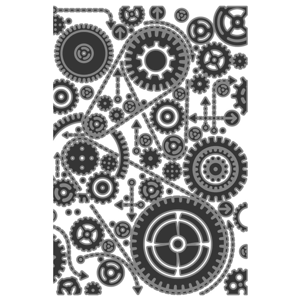 Gears - Texture Fades Embossing Folder ... by Tim Holtz and Sizzix (no.666866). Inspired by the industrial steam engine era of handturned cogs and cranks, this easy to use embossing folder creates a wonderful gathering of gears and wires in a background pattern to use with paper, vellum and cardstock. The detailed design creates amazing dimensional texture, ideal for all kinds of papercrafts, pockets, junk journals, scrapbook pages, card backgrounds, anything you wish to make! Image of the design.