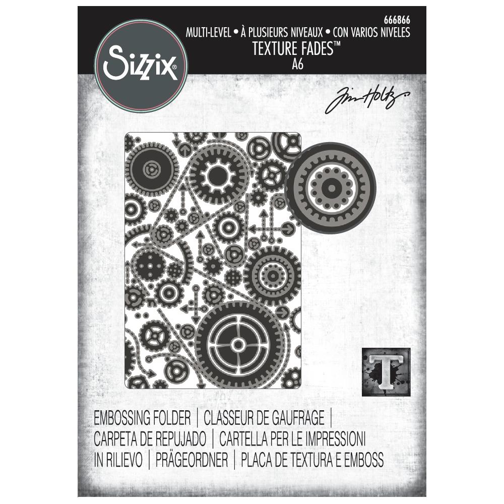Gears - Texture Fades Embossing Folder ... by Tim Holtz and Sizzix (no.666866). Inspired by the industrial steam engine era of handturned cogs and cranks, this easy to use embossing folder creates a wonderful gathering of gears and wires in a background pattern to use with paper, vellum and cardstock. The detailed design creates amazing dimensional texture, ideal for all kinds of papercrafts, pockets, junk journals, scrapbook pages, card backgrounds, anything you wish to make! Image of the cover.