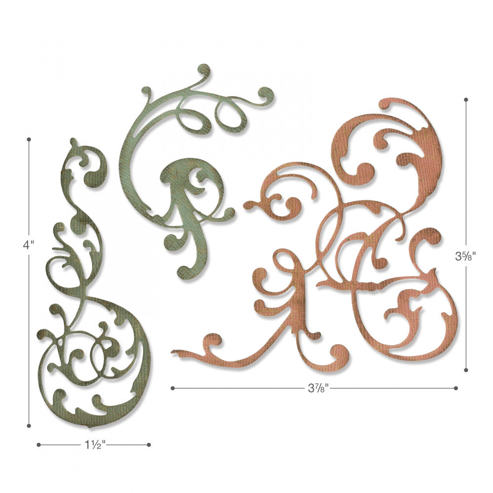 Adorned - Sizzix Thinlits die cutting templates by Tim Holtz. Create beautiful intricate scrolls and swirls out of paper, cardstock, vellum and tissue for mixed media, papercrafts, scrapbooking, bookmaking and more (no.664176). 3 (three) templates. This set of Thinlits includes designs that will enable you create wonderful elements to use as journal fodder, diary notes, calendar pockets, junk journal pages, scrapbooking elements and much more.
Sizes are from 1 1/2" x 3 7/8" to 3 5/8" x 3 7/8".