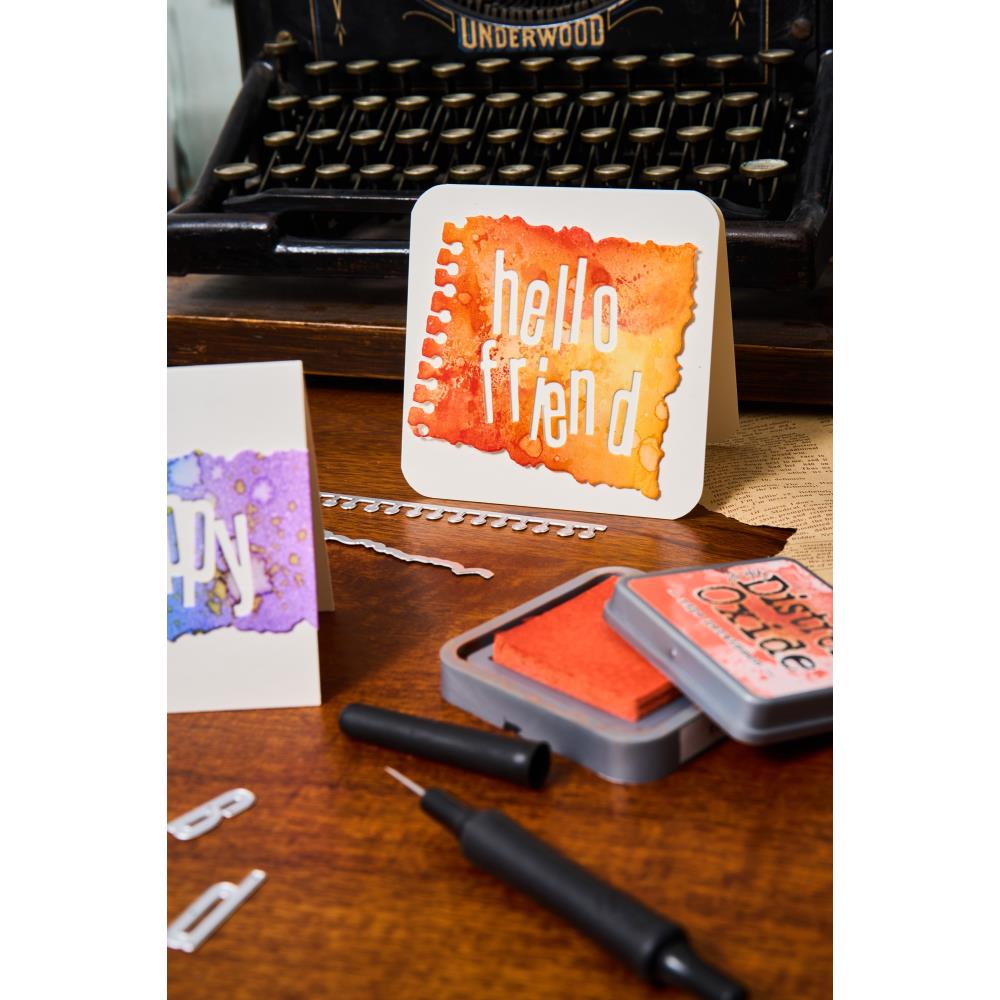 Edges - Sizzix Thinlits die cutting templates by Tim Holtz. 5 (five) long die cut edge designs (notepaper, torn paper, cog, zigzag and wavy) plus a lower case alphabet from a to z (narrow san serif, one of each letter). 31 (thirty one) pieces in total (no.666873). Image of the samples made with Distress Oxide Ink.