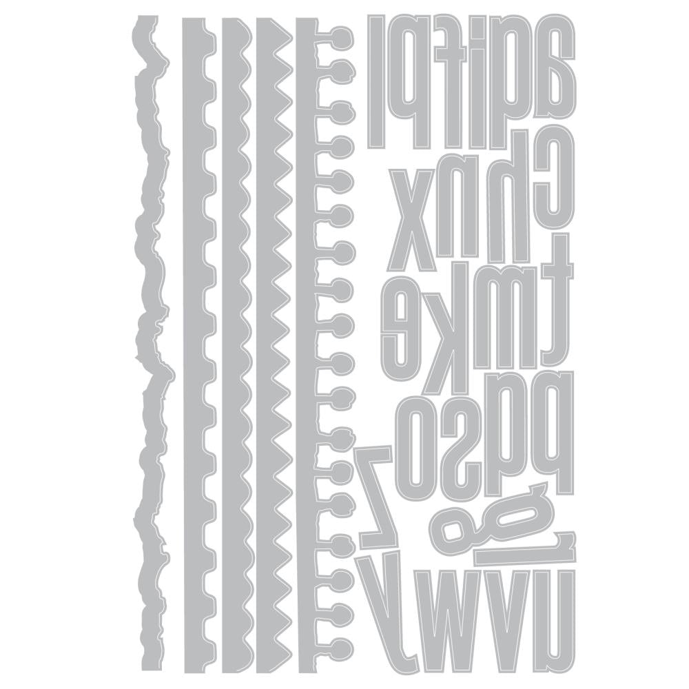 Edges - Sizzix Thinlits die cutting templates by Tim Holtz. 5 (five) long die cut edge designs (notepaper, torn paper, cog, zigzag and wavy) plus a lower case alphabet from a to z (narrow san serif, one of each letter). 31 (thirty one) pieces in total (no.666873). Image of the templates.