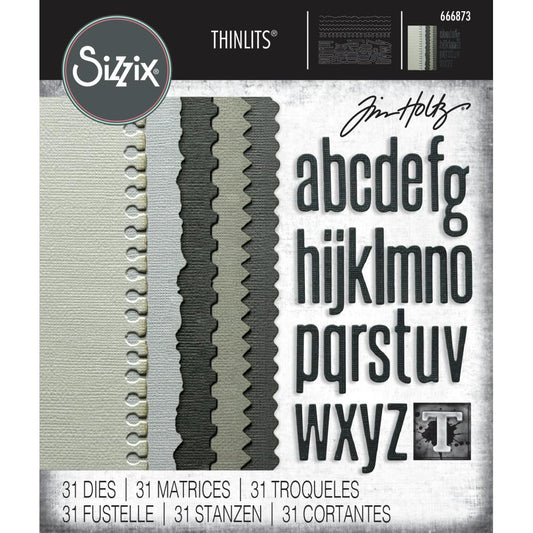 Edges - Sizzix Thinlits die cutting templates by Tim Holtz. 5 (five) long die cut edge designs (notepaper, torn paper, cog, zigzag and wavy) plus a lower case alphabet from a to z (narrow san serif, one of each letter). 31 (thirty one) pieces in total (no.666873). Image of the pack and contents.