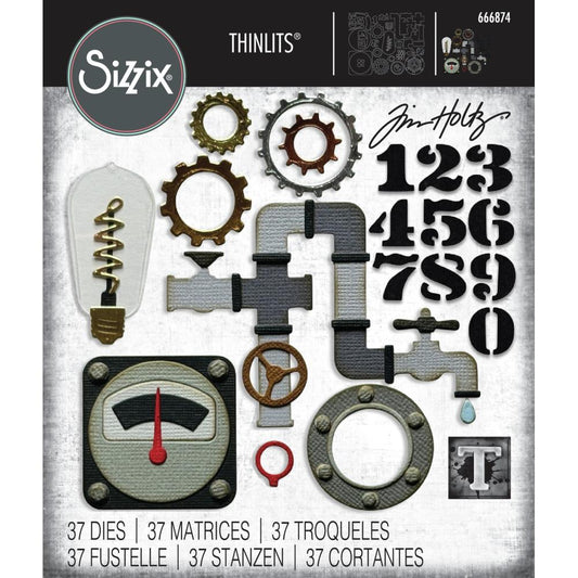 Industrial - Sizzix Thinlits die cutting templates by Tim Holtz. 37 (thirty seven) assorted patterns and shapes for a complete steampunk makeover including vintage lightglobe, gauge or dial, gears, numbers, pipes and corners, tap, drip, round washer, arrow bolt tops and more (no.666874). Photo of the pack.