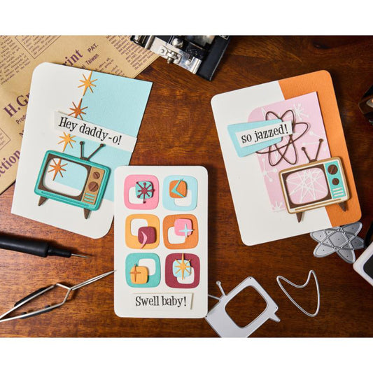 Atomic Retro - Sizzix Thinlits die cutting templates by Tim Holtz. 24 (twenty four) assorted patterns and shapes from out of this world including a vintage television (1950/60s style with Uncle Martin type antenna), sparkles, cosmic spirals, stars, arrows, squares with rounded bits and lots more (no.666875). Photo of the samples and ideas.