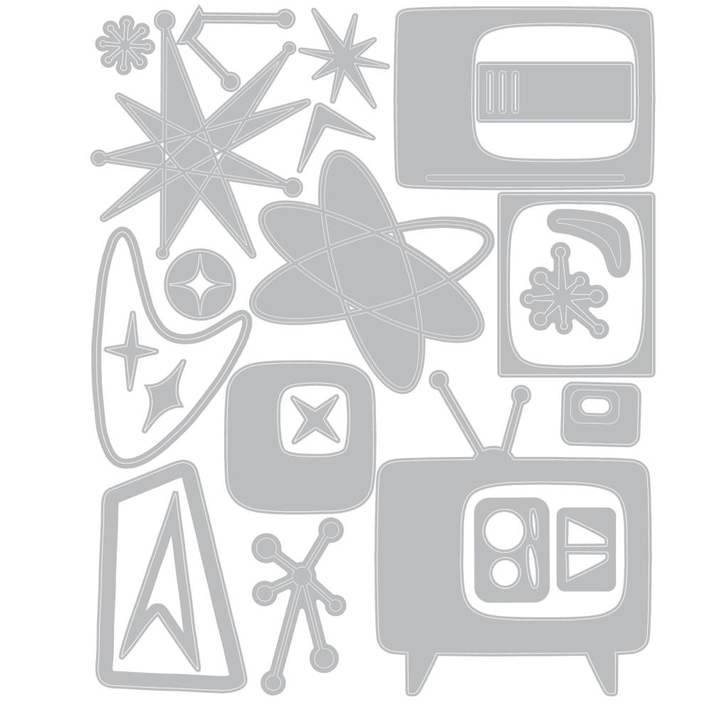 Atomic Retro - Sizzix Thinlits die cutting templates by Tim Holtz. 24 (twenty four) assorted patterns and shapes from out of this world including a vintage television (1950/60s style with Uncle Martin type antenna), sparkles, cosmic spirals, stars, arrows, squares with rounded bits and lots more (no.666875). Image of the templates.
