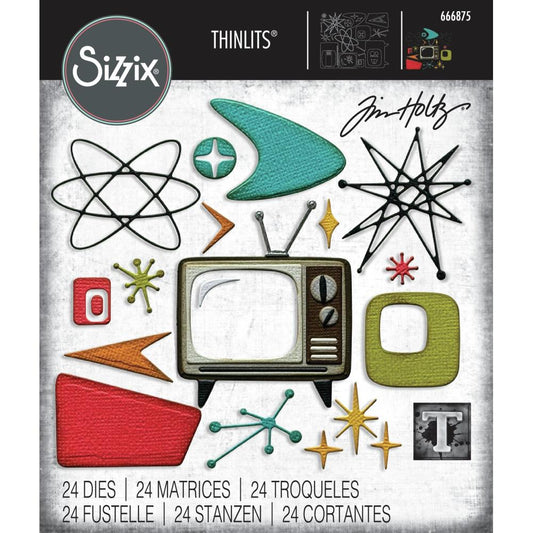 Atomic Retro - Sizzix Thinlits die cutting templates by Tim Holtz. 24 (twenty four) assorted patterns and shapes from out of this world including a vintage television (1950/60s style with Uncle Martin type antenna), sparkles, cosmic spirals, stars, arrows, squares with rounded bits and lots more (no.666875). Photo of the pack.