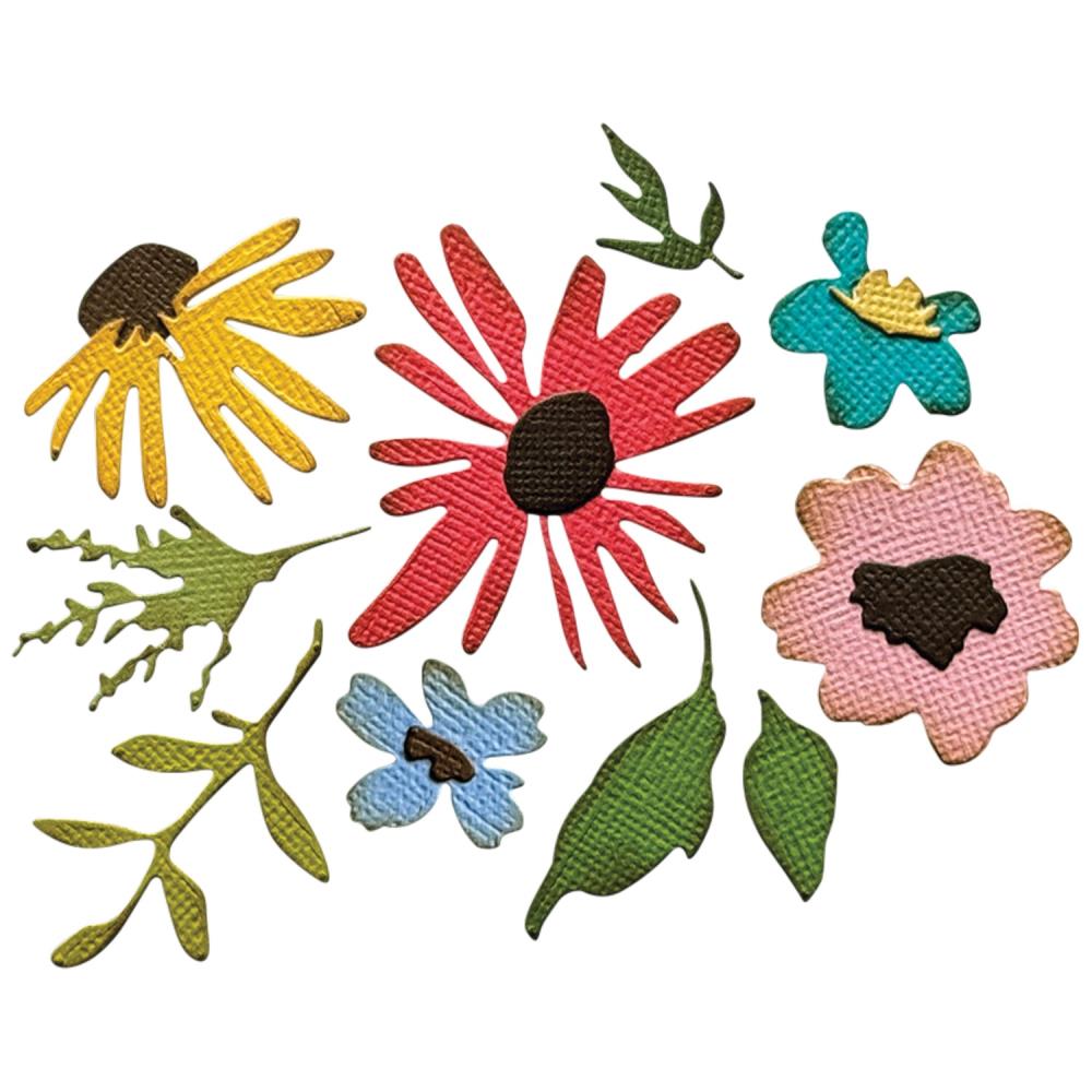 Floristry - Sidekick SideOrder Set ... by Tim Holtz, made by Sizzix - Thinlits Die Cutting Templates and Texture Fades Embossing Folder for use in mixed media, planners, journaling, cardmaking, scrapbooking and papercrafts (no.666872). Set includes 11 (eleven) dies, 1 embossing folder. Example of the die cutting designs.
