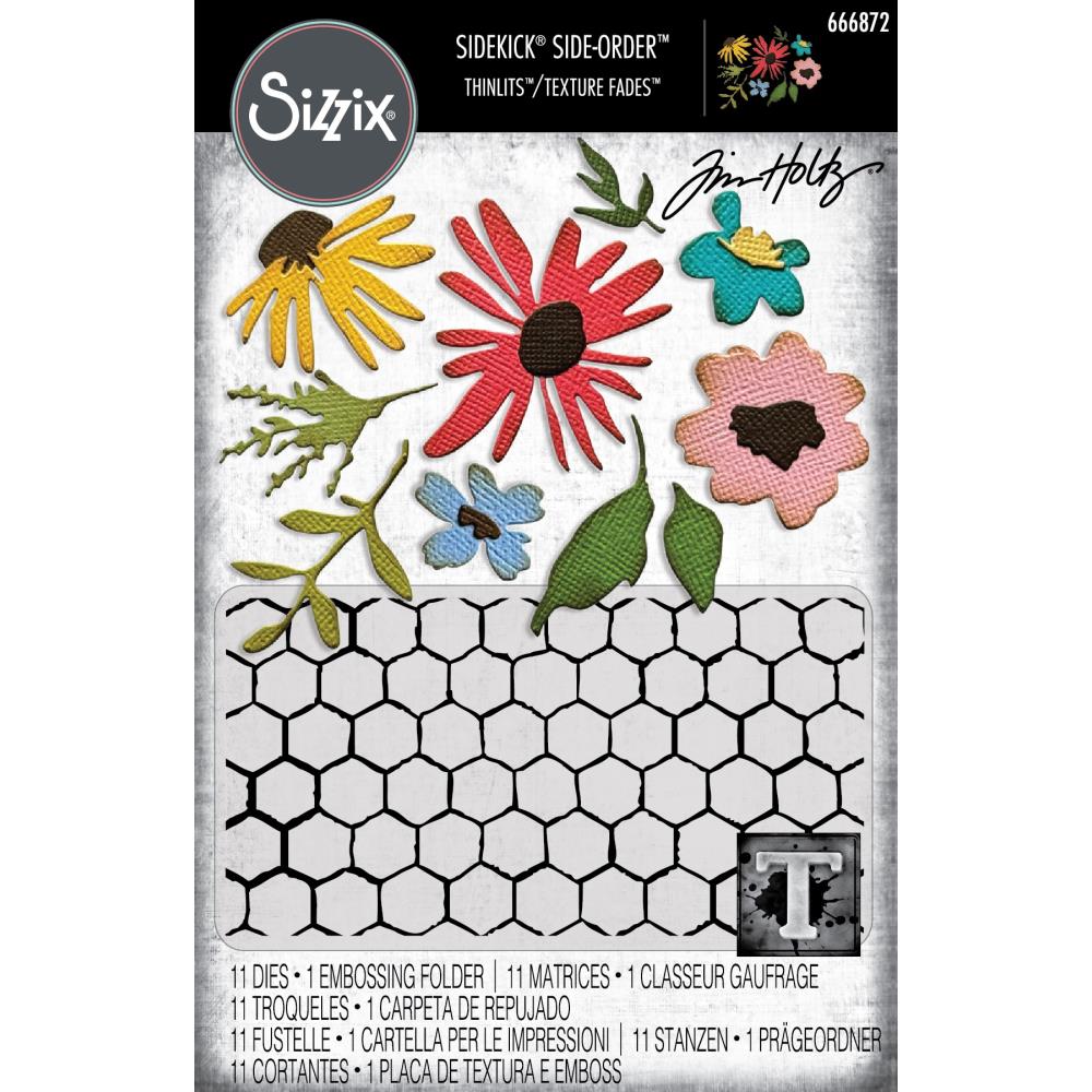 Floristry - Sidekick SideOrder Set ... by Tim Holtz, made by Sizzix - Thinlits Die Cutting Templates and Texture Fades Embossing Folder for use in mixed media, planners, journaling, cardmaking, scrapbooking and papercrafts (no.666872). Set includes 11 (eleven) dies, 1 embossing folder. Photo of the pack.