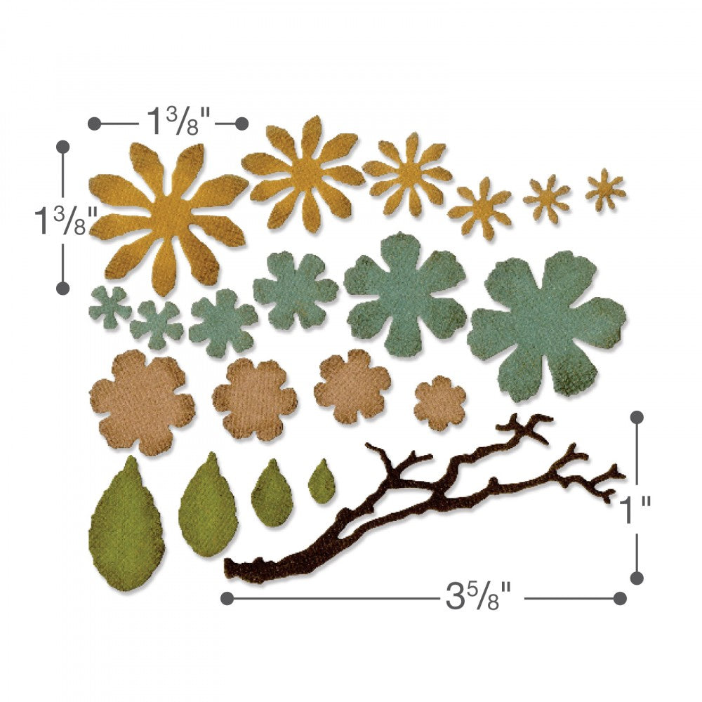 Small Tattered Florals ... Thinlits - Die Cutting Templates by Tim Holtz and Sizzix (no. 661806). 21 (twenty one) dies for cutting out layered flower petals, leaves and a branch.
Grow flowers with multiple petals and leaves, give them shape using tools and a foam mat, and cluster together on the branch or make stems. Make all kinds of flowers in a rainbow of colours to create a painting, make a card, grow a garden, whatever you wish!