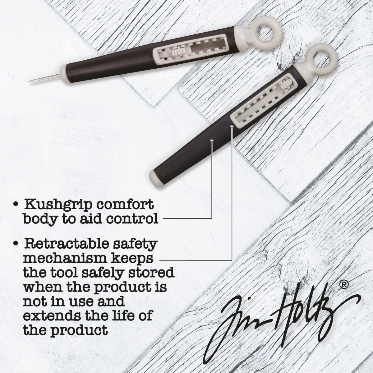 Retractable Craft Pick - by Tim Holtz and Tonic Studios ... this is a 5" long visual arts tool with a black Kushgrip rubber handle, hanging loop and easy to use switch. Use the long steel point for poking holes, lifting layers, clearing nozzles, extends up to 1.25 inches and holds safely in place at various depths. Photo from Tonic Studios, showing tool with information.