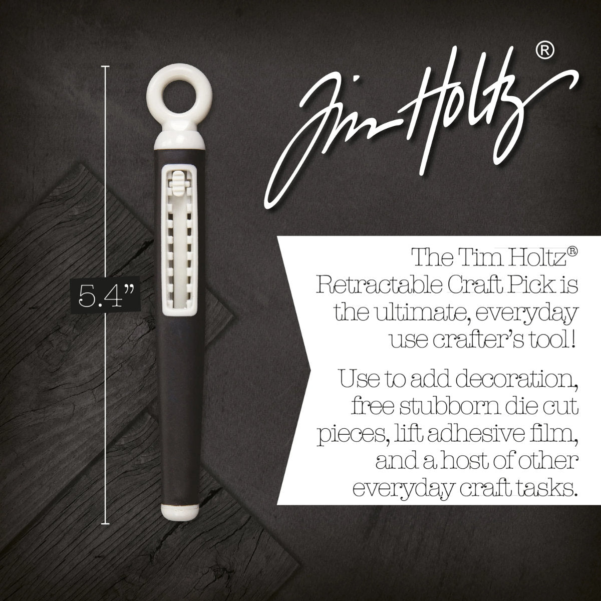 Retractable Craft Pick - by Tim Holtz and Tonic Studios ... this is a 5" long visual arts tool with a black Kushgrip rubber handle, hanging loop and easy to use switch. Use the long steel point for poking holes, lifting layers, clearing nozzles, extends up to 1.25 inches and holds safely in place at various depths. Photo from Tonic Studios, showing size of handle with information.