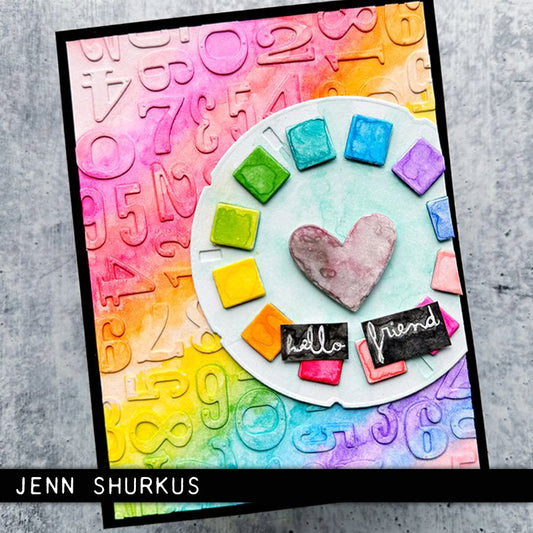 bright rainbow colourful layered card by Jenn Shurkus -  - using Picture Show - from the Vault ... Thinlits Die Cutting Templates by Tim Holtz and Sizzix (no.666602). Brought back to life by Tim and Sizzix, these vintage designs have been reimagined as in a different size for art and creativity. These designs cut out various pieces relating to photography, film making and framing. A long film strip, vintage picture wheel, a slide or single negative film strip, plus various squares and rectangles to match.