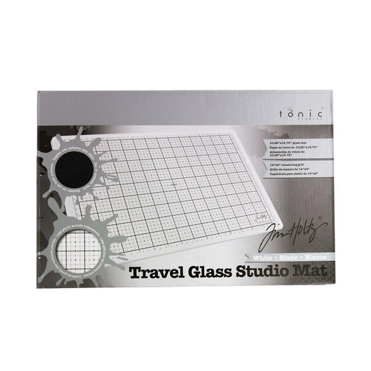 White Travel Sized Glass Media Mat with Padded Storage Pouch - by Tim Holtz and Tonic Studio ... A portable white tempered glass mat with gridlines, silicon feet with both metric and imperial measurements. Overall size is 10 1/4" x 15 3/4" (26cm x 40cm). Tim Holtz and Tonic Studio have made for you, this fantastic multi-functional tool ideal for creating and crafting in your workspace, whether in a studio, craft corner at home, travelling on holidays or during lunch at the office. Everywhere :)