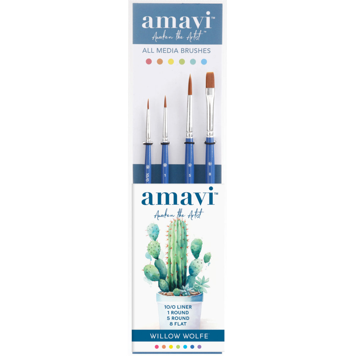 Amavi Set 2, All Media Brushes - Liner, Rounds and Flat ... by Willow Wolfe ... versatile and durable paintbrushes to use with all kinds of acrylic paints, watercolours, gouache and inks for mixed media, painting, stamping, creating art. Set of 4 (four) - no.10/0 Liner, no.1 Round, no.5 Round, no.8 Flat Shader - one of each kind.