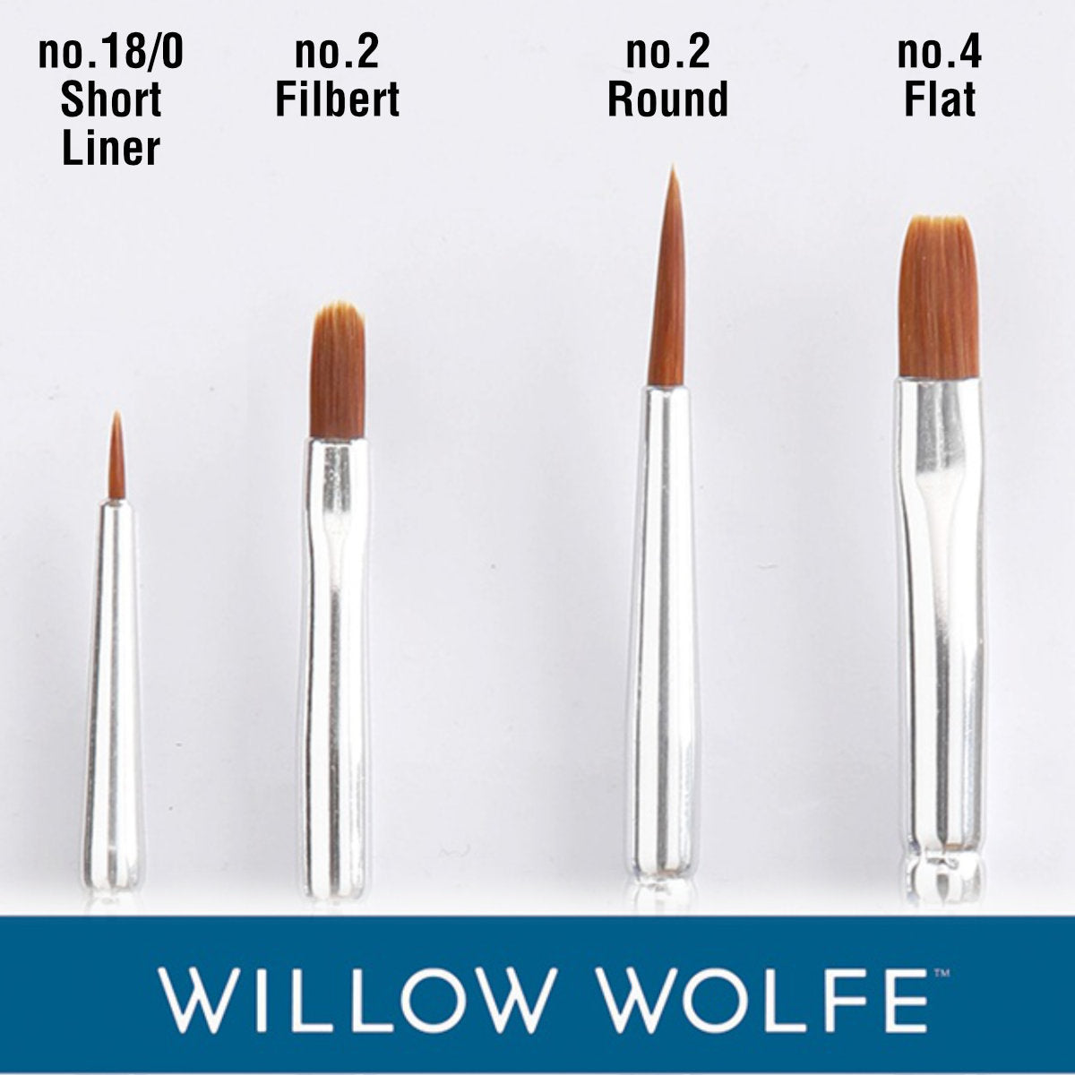 Amavi Set 3, All Media Brushes - Liner, Round, Filbert, Flat ... by Willow Wolfe ... versatile and durable paintbrushes to use with all kinds of acrylic paints, watercolours, gouache and inks for mixed media, painting, stamping, creating art. Set of 4 (four) - no.18/0 Short Liner, no.2 Round, no.2 Filbert, no.4 Flat Shader - one of each kind. Close up photograph of the bristles