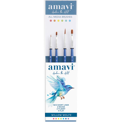 Amavi Set 3, All Media Brushes - Liner, Round, Filbert, Flat ... by Willow Wolfe  ... versatile and durable paintbrushes to use with all kinds of acrylic paints, watercolours, gouache and inks for mixed media, painting, stamping, creating art. Set of 4 (four) - no.18/0 Short Liner, no.2 Round, no.2 Filbert, no.4 Flat Shader - one of each kind.