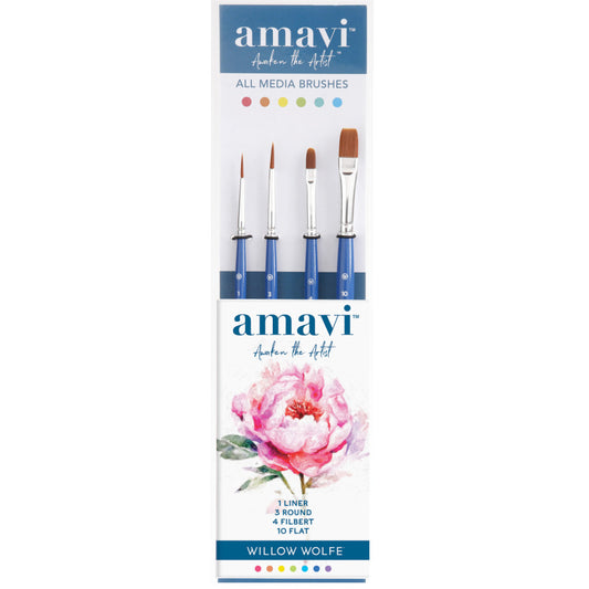 Amavi Set 6, All Media Brushes - Liner, Round, Filbert, Flat ... by Willow Wolfe ... versatile and durable paintbrushes to use with all kinds of acrylic paints, watercolours, gouache and inks for mixed media, painting, stamping, creating art. Set of 4 (four) - no.1 Liner, no.3 Round, no.4 Filbert, no.10 Flat Shader - one of each kind.
