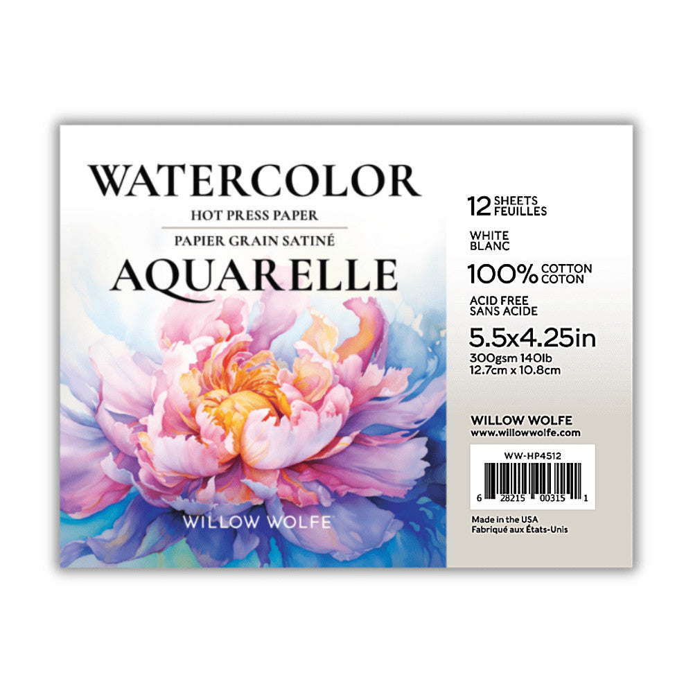 Watercolour Paper - 5.5"x4.25" - by Willow Wolfe ... Finest quality 100% cotton, 300 gsm (140 lb) smooth white hot pressed paper for watercolours, pen and ink, stamping, visual arts. 12 (twelve) sheets, each is card front sized at 5 1/2" x 4 1/4" (12.7cm x 10.8cm).