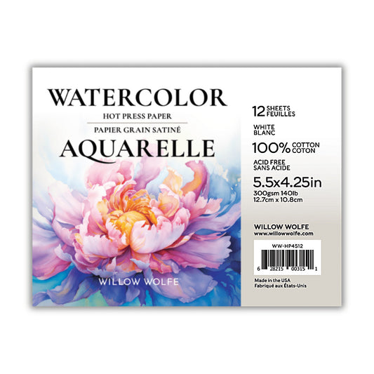 Watercolour Paper - 5.5"x4.25" - by Willow Wolfe ... Finest quality 100% cotton, 300 gsm (140 lb) smooth white hot pressed paper for watercolours, pen and ink, stamping, visual arts. 12 (twelve) sheets, each is card front sized at 5 1/2" x 4 1/4" (12.7cm x 10.8cm).