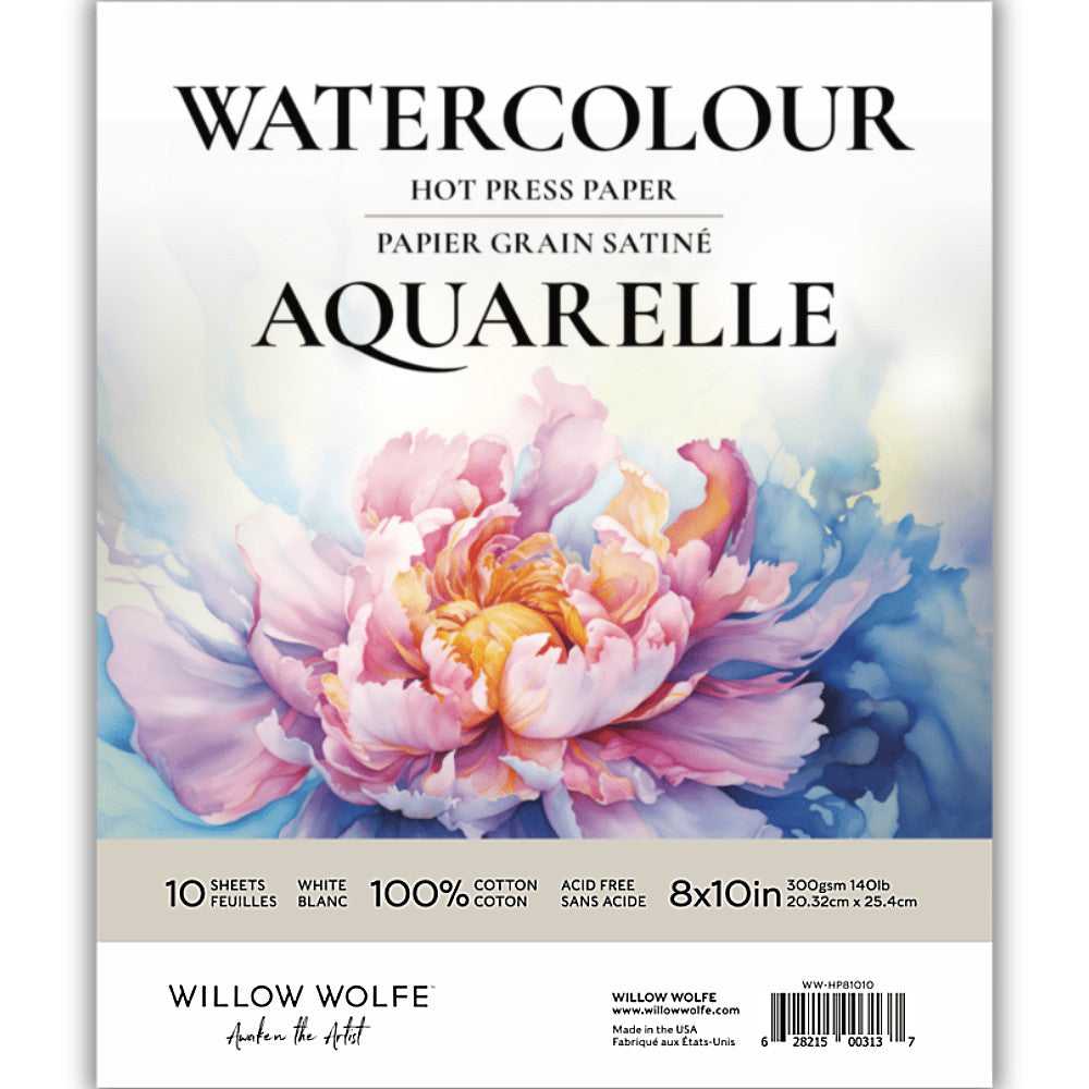 cover image for Watercolour Paper - 8"x10" Pad - by Willow Wolfe ... Finest quality 100% cotton, 300 gsm (140 lb) smooth white hot pressed paper for watercolours, pen and ink, stamping, visual arts. 10 (ten) Sheets, each is 8" x 10" (20.3cm x 24.5cm). Acid free, Vegan sizing