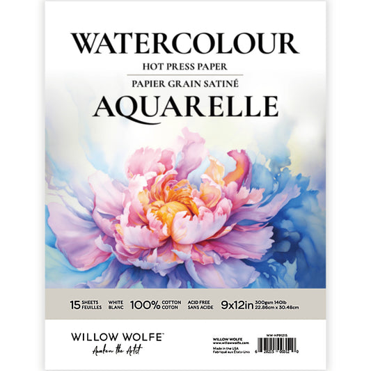 Watercolour Paper - 9"x12" Pad - by Willow Wolfe ... Finest quality 100% cotton, 300 gsm (140 lb) smooth white hot pressed paper for watercolours, pen and ink, stamping, visual arts. 15 (fifteen) sheets, each is 9" x 12" (22.86cm x 30.48cm).