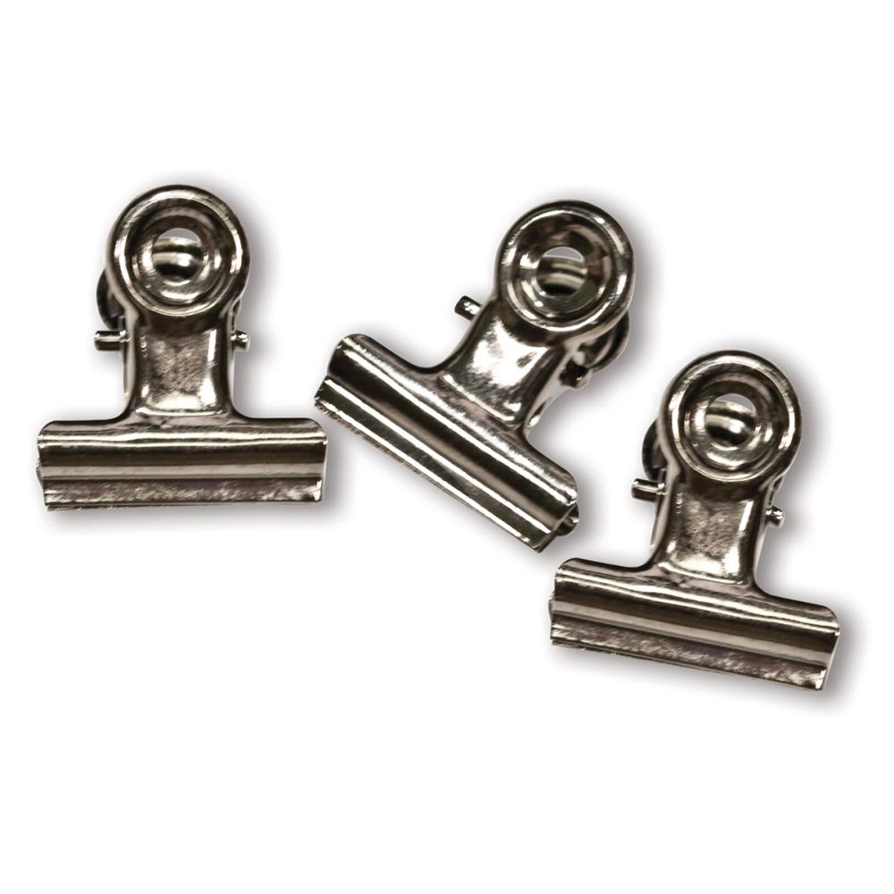 example of 3 hinges from the Metal Hinge Clips, Small - 3/4" (19mm) wide ... by Tim Holtz - 15 (fifteen) metal clips with hinged opening, used to attach and hold artwork, memorabilia and other items together. Each is 3/4" or 19mm wide. Inspired by antique stationery clips, these versatile spring loaded clips are so useful for attaching and holding tiny objects and embellishments to tags, photos, books, lists, pages and other creations. TH92692
