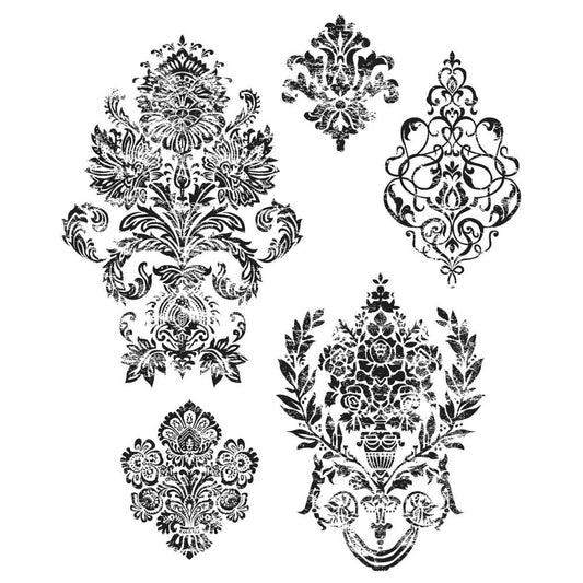 Distress Damask ... 5 (five) rubber stamps by Tim Holtz and Stampers Anonymous (CMS190).   A beautiful collection of Tim Holtz stamps that includes 5 different damask designs, distressed to give a vintage or antique olde worlde appearance. Each is symmetrical and elegant, perfect for a wide variety of occasions and projects.  Sizes (approx) : Largest damask image (upper left) is 3 3/8" x 5" high, the smallest damask image (top center) is 1 5/8" x 2".