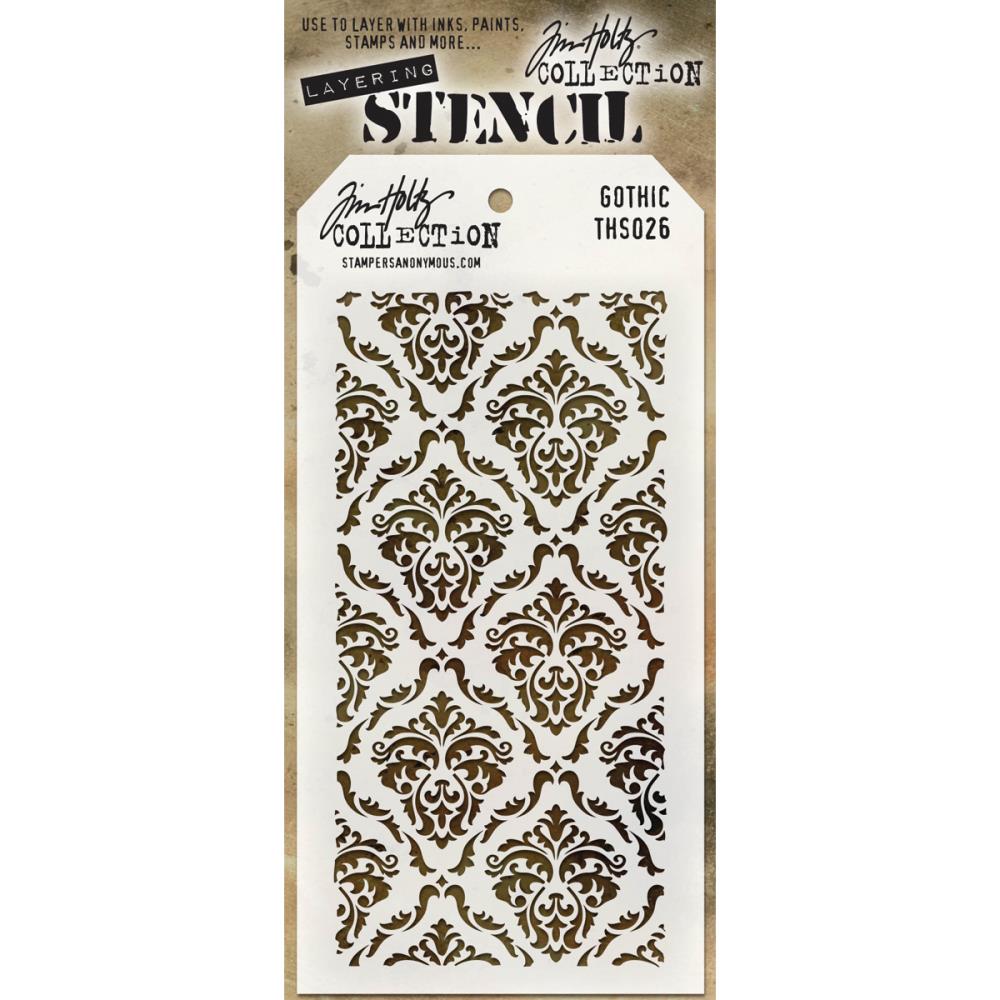 Gothic ... Tim Holtz Layering Stencil (THS026).  This stunning design is inspired by vintage wallpaper. The diamond shapes are made of ornate delicate flourishes and swirls with the dividing borders of a similar design.