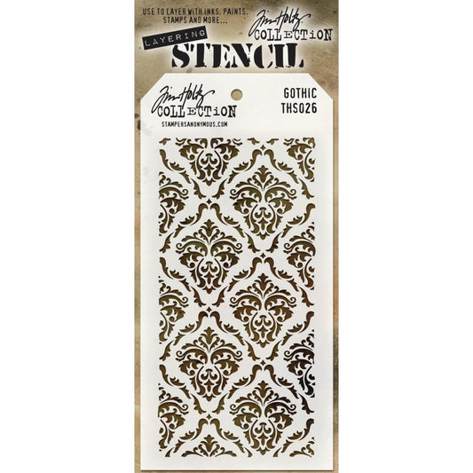 Gothic ... Tim Holtz Layering Stencil (THS026).  This stunning design is inspired by vintage wallpaper. The diamond shapes are made of ornate delicate flourishes and swirls with the dividing borders of a similar design.