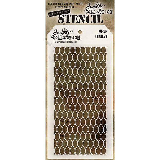 Mesh layering stencil by Tim Holtz (THS041)  A versatile pattern to add interest to a background. This Tim Holtz layering stencil is inspired by industrial wired mesh or wire fencing.  Create layers of colour and texture using this stencil with a wide variety of art supplies - paints, pastels, markers, pencils, gesso, texture paste, mediums and others.  Stencils are made of a creamy coloured, fine, semi-translucent plastic. Stencils are fantastic versatile tools that are easy to use.
