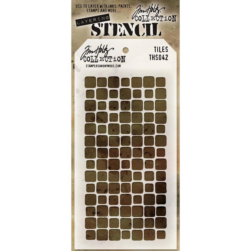 Tiles layering stencil by Tim Holtz (THS042).  Squares of different sizes and shapes are gathered together to create a fabulous pattern of mismatched tiles.  Create layers of colour and texture using this stencil with a wide variety of art supplies - paints, pastels, markers, pencils, gesso, texture paste, mediums and other art and craft materials.  Tim Holtz Layering Stencils are made of a creamy coloured, fine, semi-translucent plastic. Stencils are fantastic versatile tools that are easy to use.