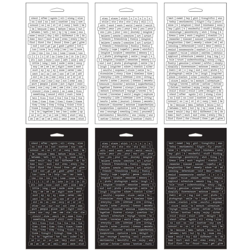 overview of the words in Chitchat Stickers - Tim Holtz Idea-Ology ... A collection of words and phrases to create your own conversation. 6 (six) sheets with 1088 words in both black and white.  This booklet contains a wide range of words to create your own phrases, sayings, thoughts, messages and paragraphs. Use to tell your story through art, add messages or thoughts to cards, include on journal pages, calendars and planners, add to memories while scrapbooking.