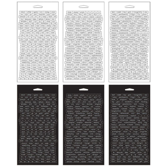 overview of the words in Chitchat Stickers - Tim Holtz Idea-Ology ... A collection of words and phrases to create your own conversation. 6 (six) sheets with 1088 words in both black and white.  This booklet contains a wide range of words to create your own phrases, sayings, thoughts, messages and paragraphs. Use to tell your story through art, add messages or thoughts to cards, include on journal pages, calendars and planners, add to memories while scrapbooking.