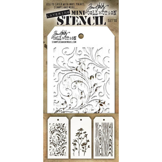 Tim Holtz Layering Mini Stencil - Set 10 - Flourish Wildflower Woodgrain - 3 Stencils
