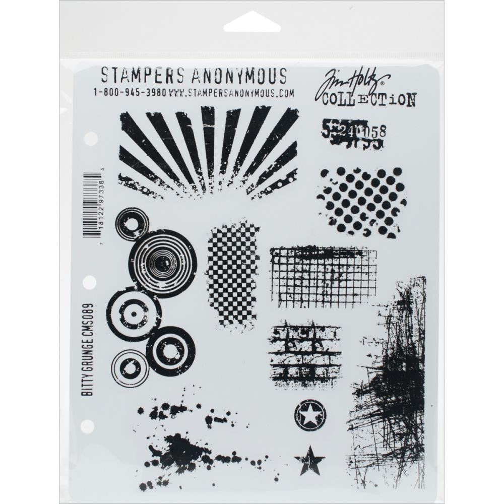 Bitty Grunge ... 11 (eleven) cling stamps by Tim Holtz and Stampers Anonymous (cms089). This versatile collection of stamps includes distressed elements and patterns including a star, sun rays, circles, scratched patches and spots. Check out the pictures to see all 11 designs. Sizes (approx) : Rays (top left) is 3 3/8" x 1 3/4", splatters (bottom left) is 2 7/8" x 2".