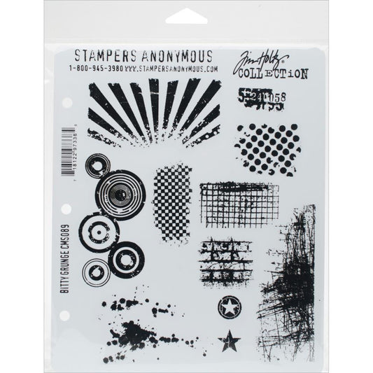 Bitty Grunge ... 11 (eleven) cling stamps by Tim Holtz and Stampers Anonymous (cms089). This versatile collection of stamps includes distressed elements and patterns including a star, sun rays, circles, scratched patches and spots. Check out the pictures to see all 11 designs.  Sizes (approx) : Rays (top left) is 3 3/8" x 1 3/4", splatters (bottom left) is 2 7/8" x 2".